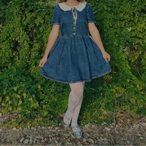 Self-Portrait Blue Denim Mini Dress with White Lace Collar